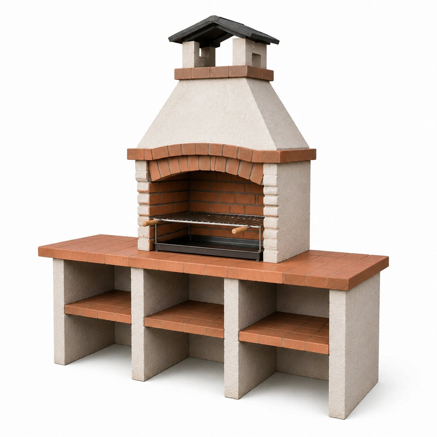 Grill betonowy z cegły zewnętrzny z kominem